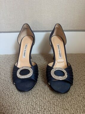 Manolo Blahnik Navy Satin Crystal Buckle D'Orsay Heels